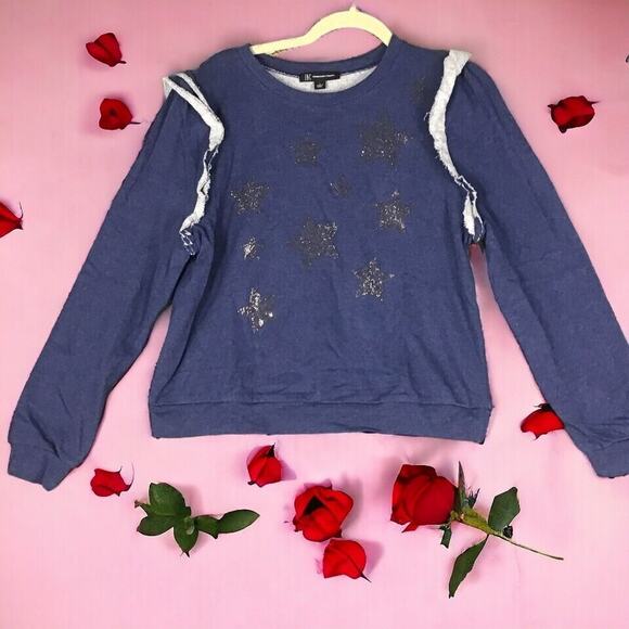 INC International Concepts Women’s Size Large Blue Ruffled Star Sweatshirt NWT - Picture 1 of 15
